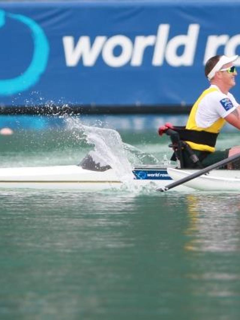 Erik Horrie competes at the 2015 World Rowing Championships is held in Aiguebelette, France.