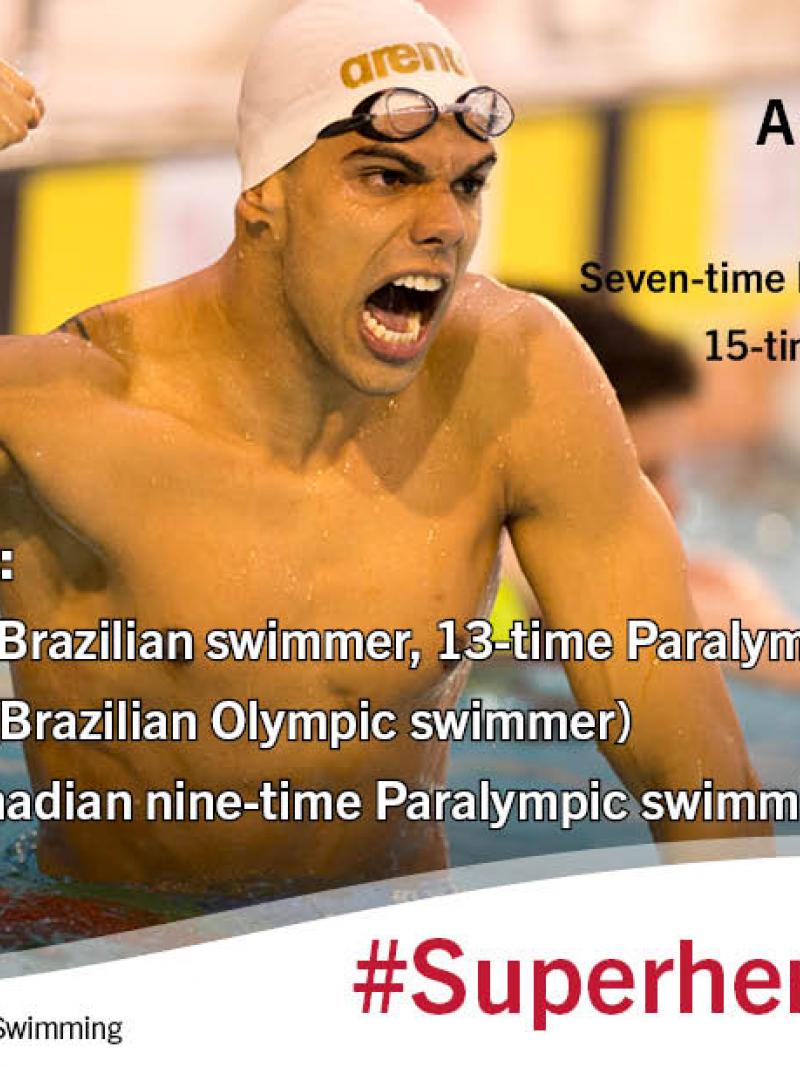 Graphic with picture of upper body of swimmer, celebrating.