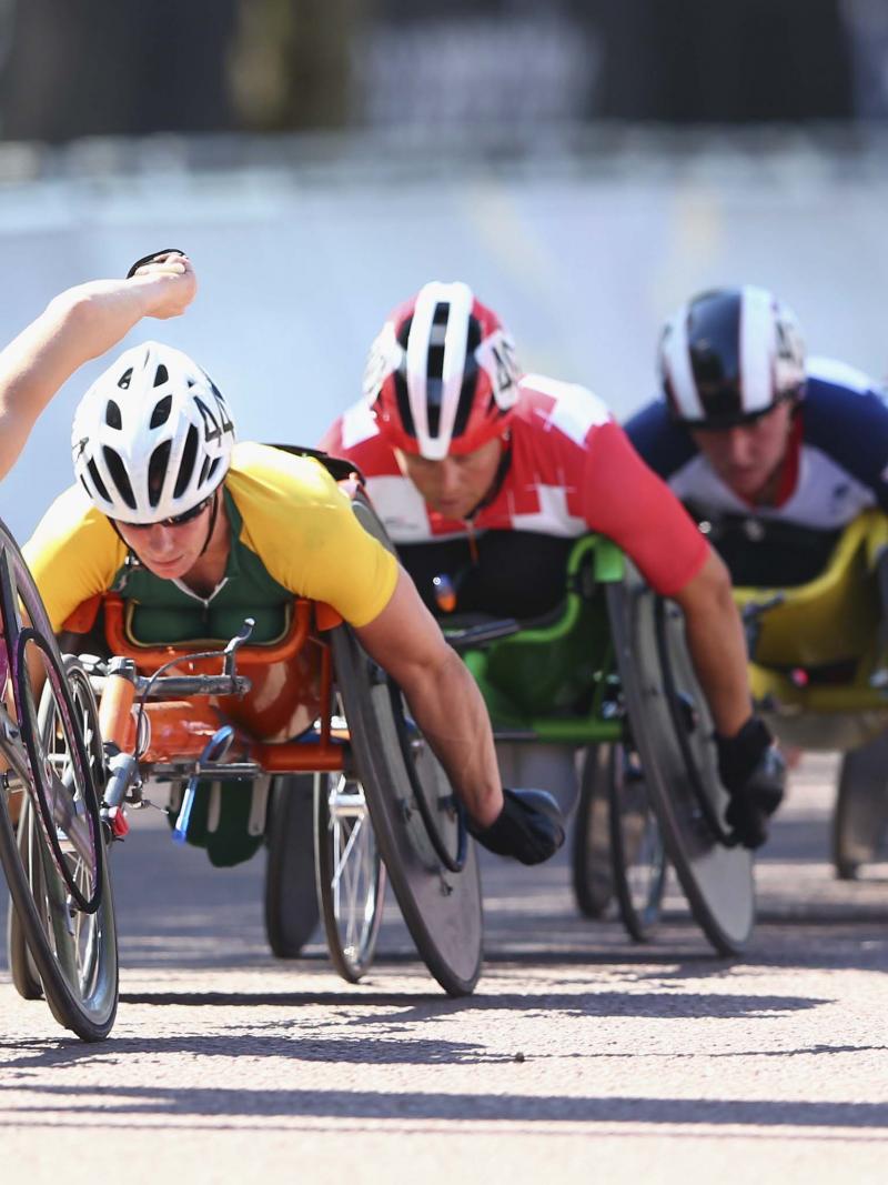 Group of wheelchair athletes at the marathon race of the London 2012 Paralympic Games