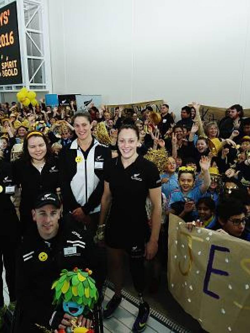 New Zealand Paralympic athletes Emma Foy, Mary Fisher, Laura Thompson, Sophie Pascoe and Michael Johnson pose for a photo during the Paralympics New Zealand Spirit of Gold campaign launch to mark '1 Year To Go' until Rio 2016 Paralympic Games