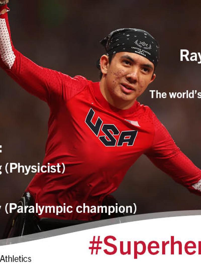 Graphic with a photo of a celebrating wheelchair racer
