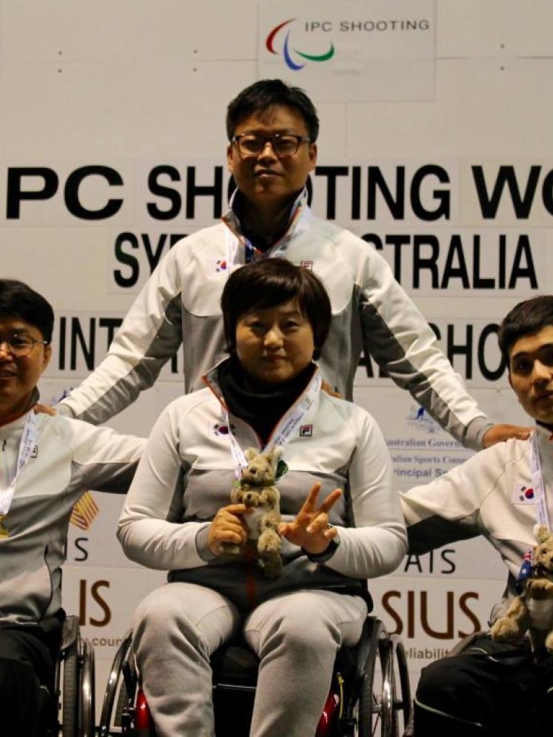 Chul Park, Juhee Lee and Ahn Kyounghee at the 2015 IPC Shooting World Cup in Sydney, Australia.