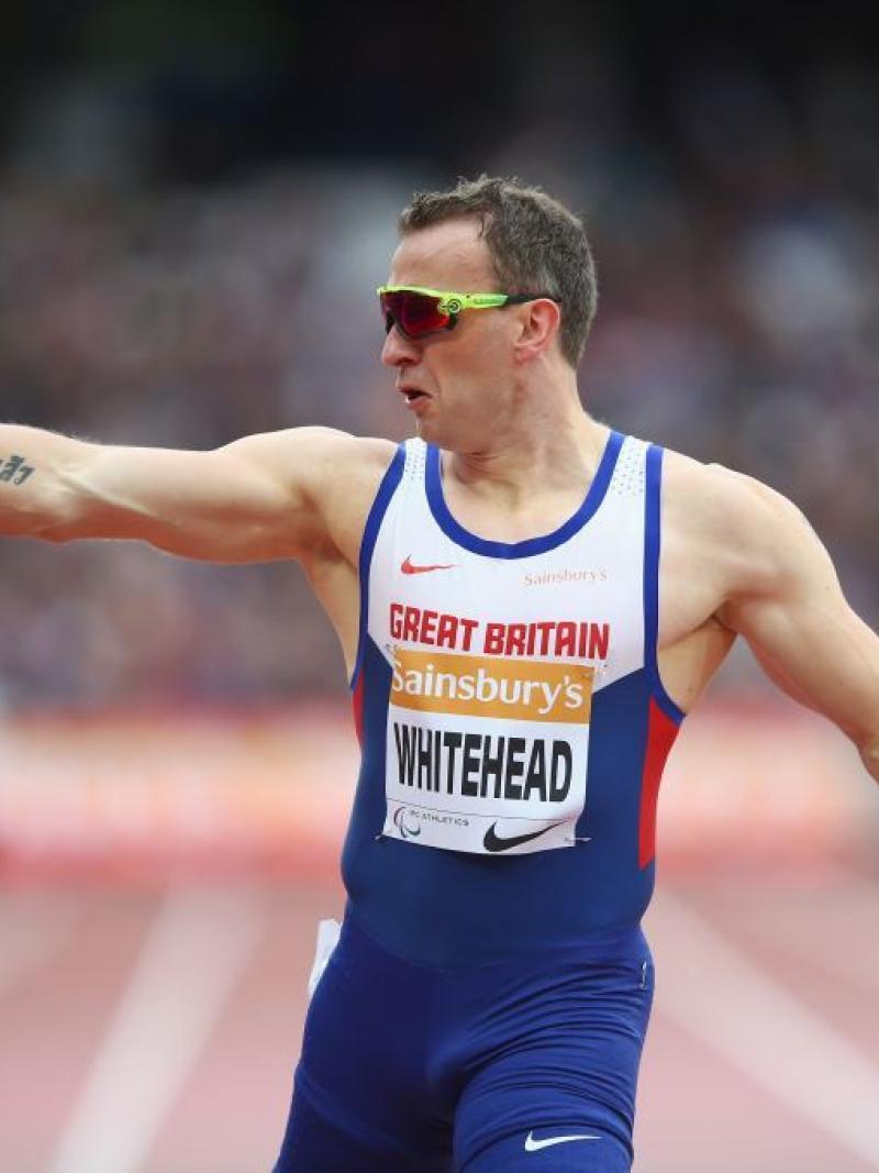 Richard Whitehead of Great Britain celebrates winning the Men's 200m T42 race during at the Sainsbury's Anniversary Games in London, England.
