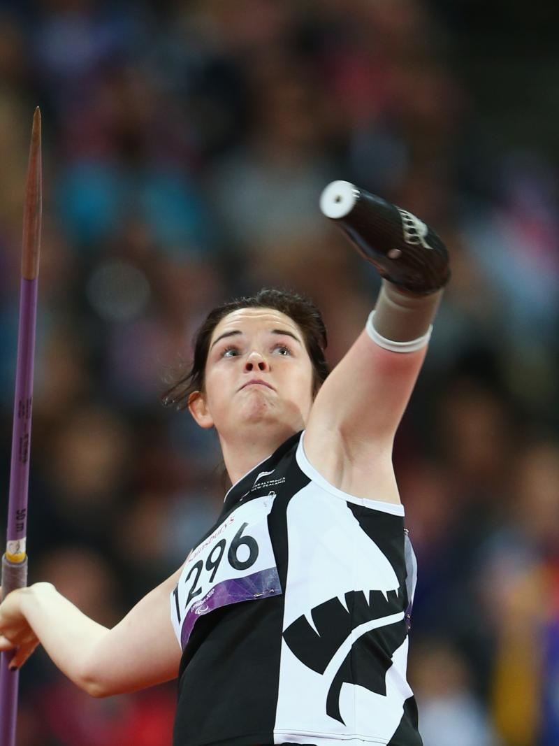 Holly Robinson of New Zealand competes in the Women's Javelin Throw - F46 Final at the London 2012 Paralympic Games. 