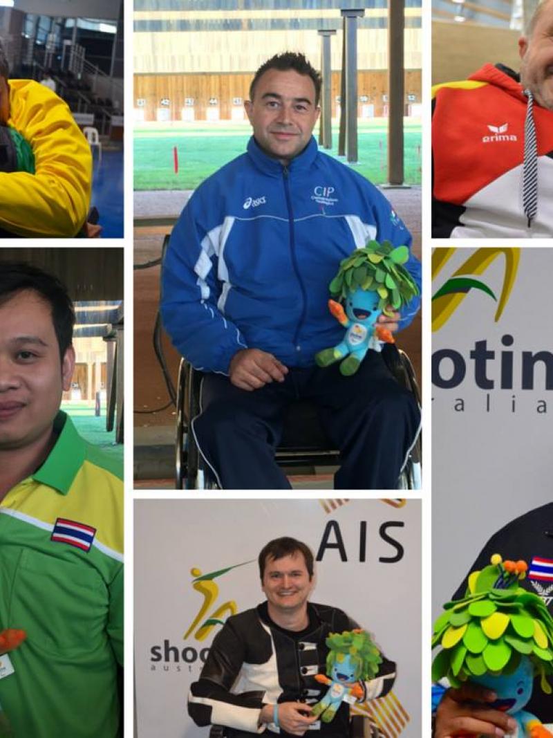 A group of shooters hang-out with Rio 2016 mascot Tom