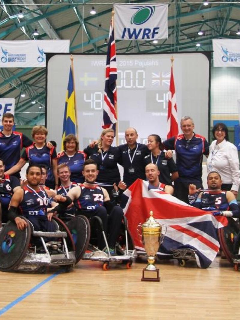 The Great Britain team celebrate after winning the wheelchair rugby final match between Great Britain and Sweden at the 2015 European Championship in Pajulahti, Finland.