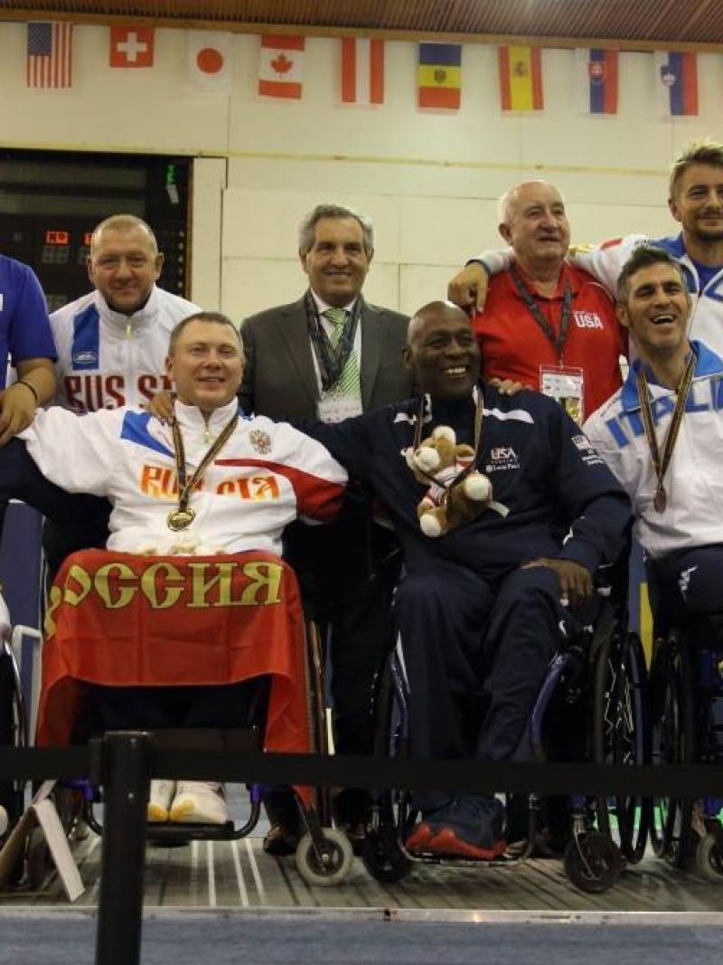 Medal ceremony at the Wheelchair Fencing World Championships in Eger Hungary.