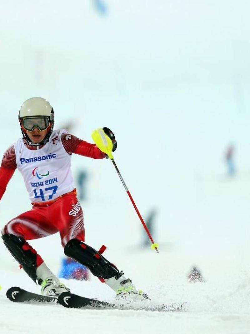 Robin Cuche of Switzerland competes in the Men's Slalom 2nd Run - Standing at the Sochi 2014 Paralympic Winter Games.