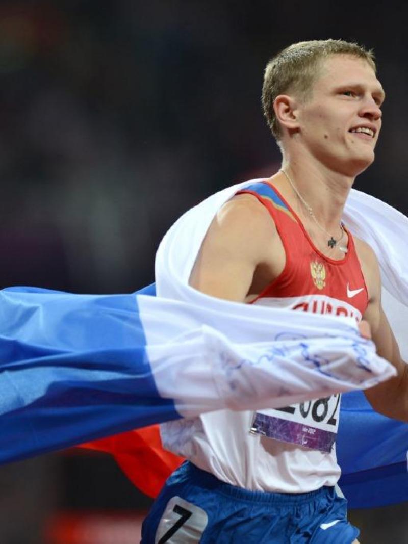 Evgenii Shvetcov of Russia celbrates winning gold in the Men's 100m - T36 Final at the London 2012 Paralympic Games.