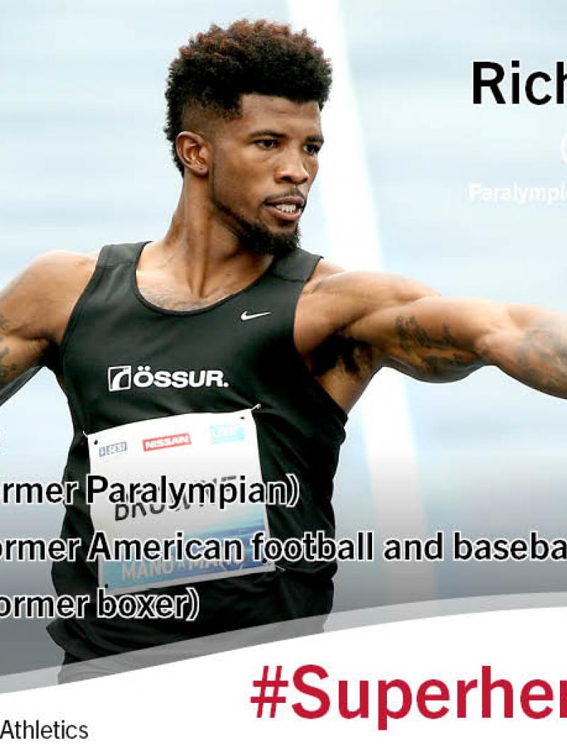 Graphics with photo of man crossing the finish line, pointing at someone who is not in the picture