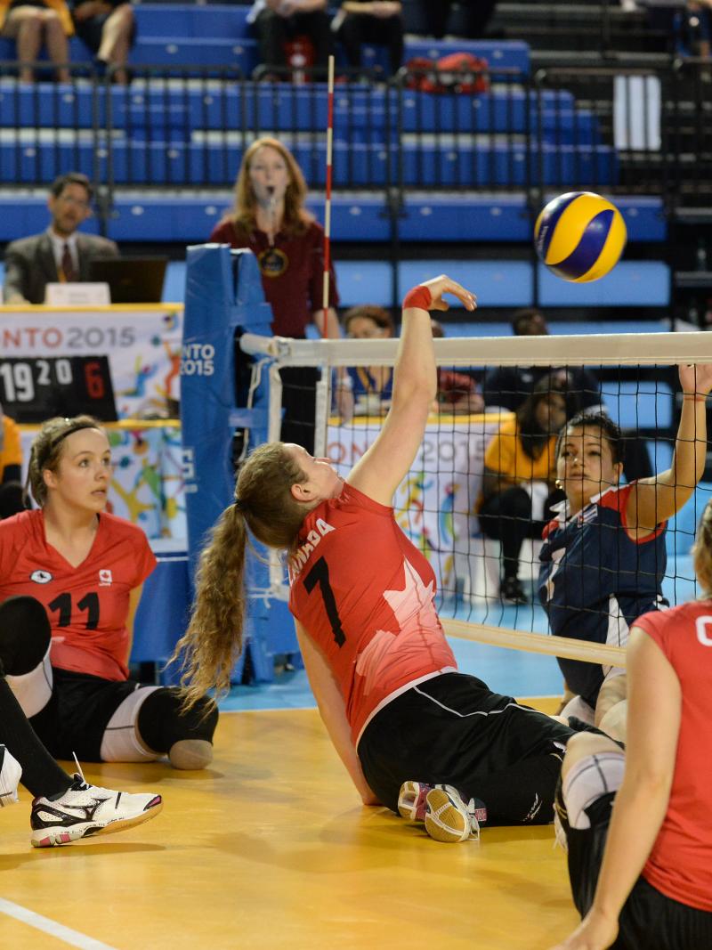 Canada's women's sitting volleyball team playing Cuba in the bronze medal game at the Toronto 2015 Parapan American Games.