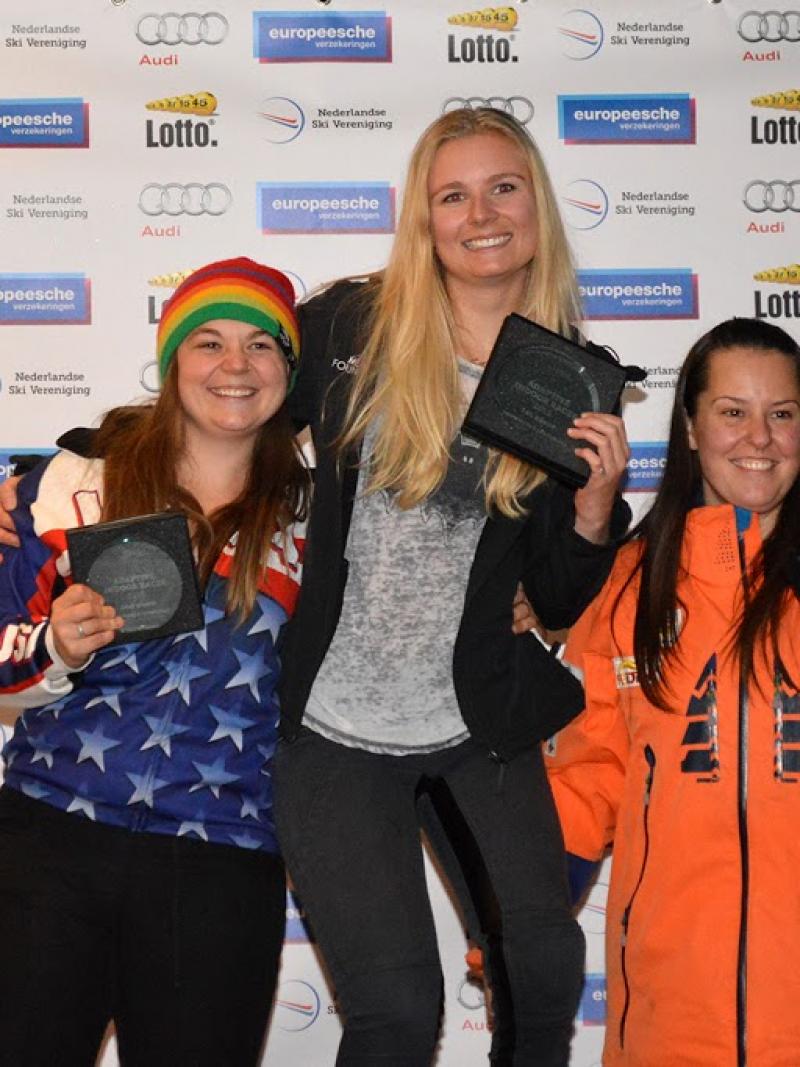 Heidi Jo Duce, Lisa Bunschoten and Enya van Egmond at the IPC Snowboard World Cup in Landgraaf