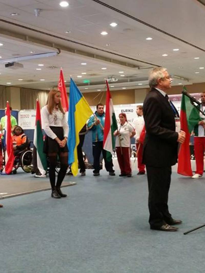 Flag bearers watch as the Mayor of Eger opens the 2015 IPC Powerlifting European Championships