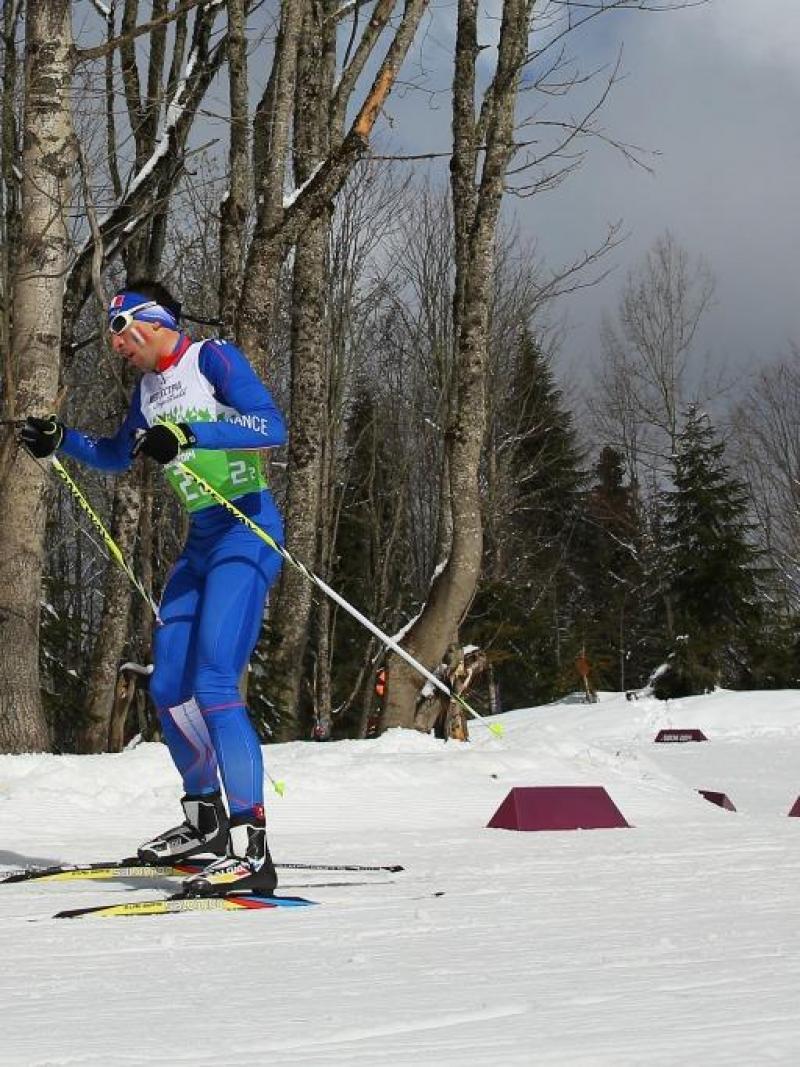 Thomas Clarion of France competes in the 4 x 2.5km Open Relay cross-country at the Sochi 2014 Paralympic Winter Games.