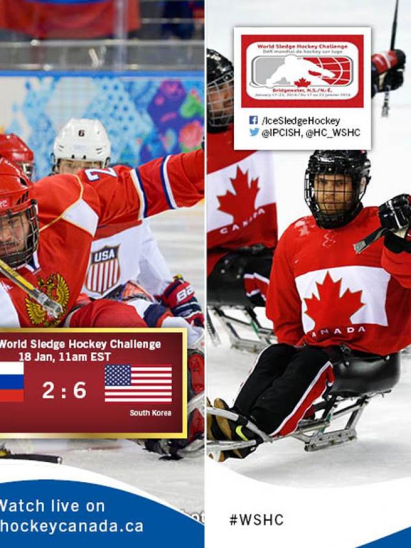 Two graphics with ice sledge hockey results, illustrated by photos