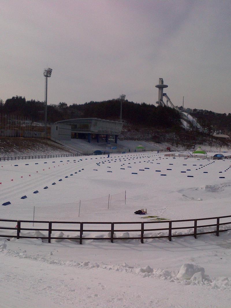 View on a biathlon stadium, covered with snow