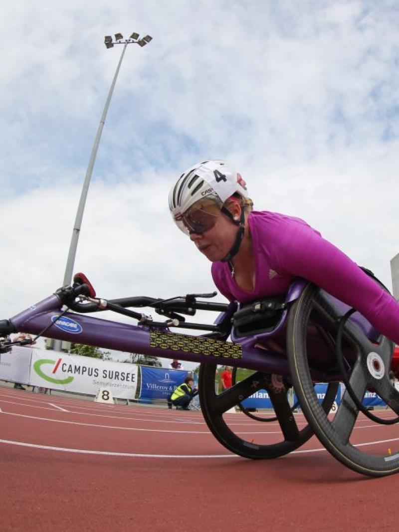 Hannah Cockroft of Great Britain competes in the 800m race during the ParAthletics Grand Prix 2015 in Nottwil, Switzerland