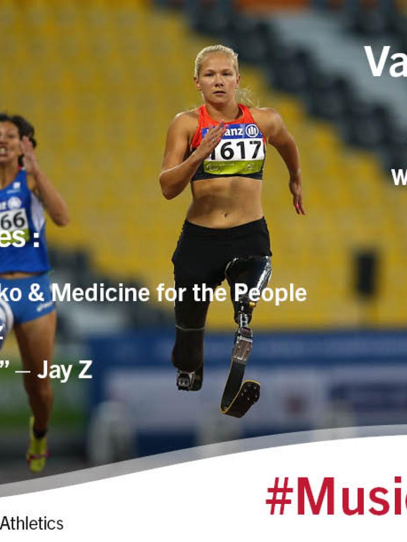 Graphic with picture showing woman running on blades and text