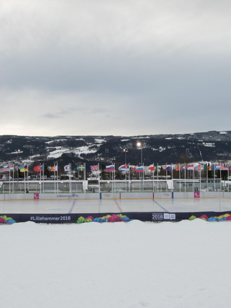 General view on ice stadium in a snowy landscape