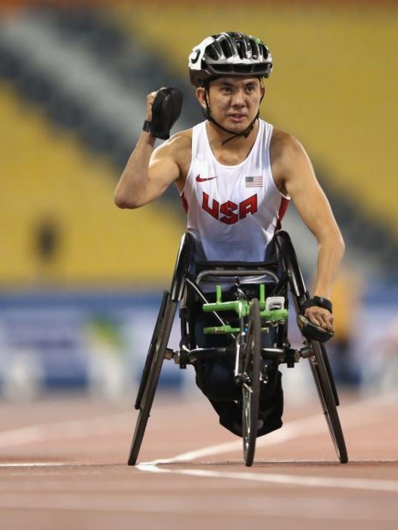 Raymond Martin of the United States wins the men's 1500m T52 final at the 2015 IPC Athletics World Championships in Doha, Qatar