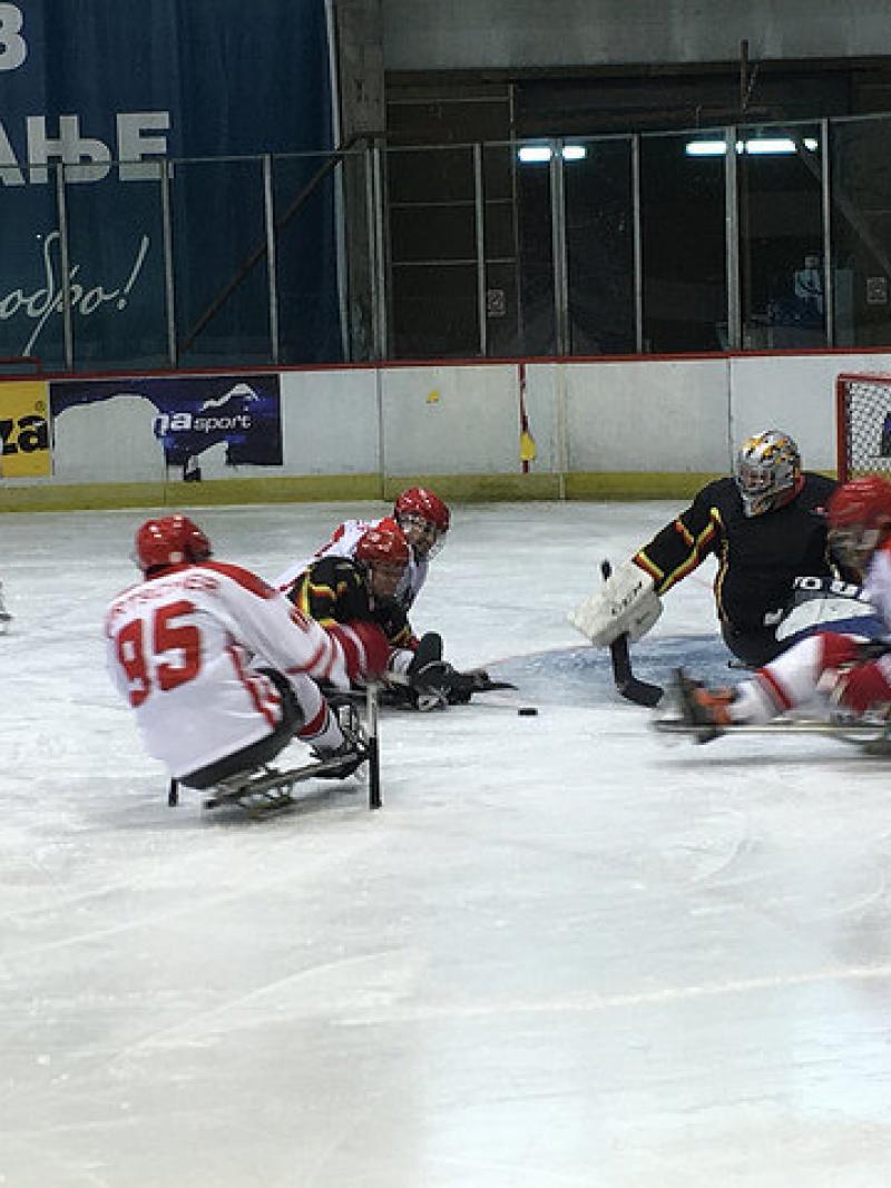 A sledge hockey field of play with players