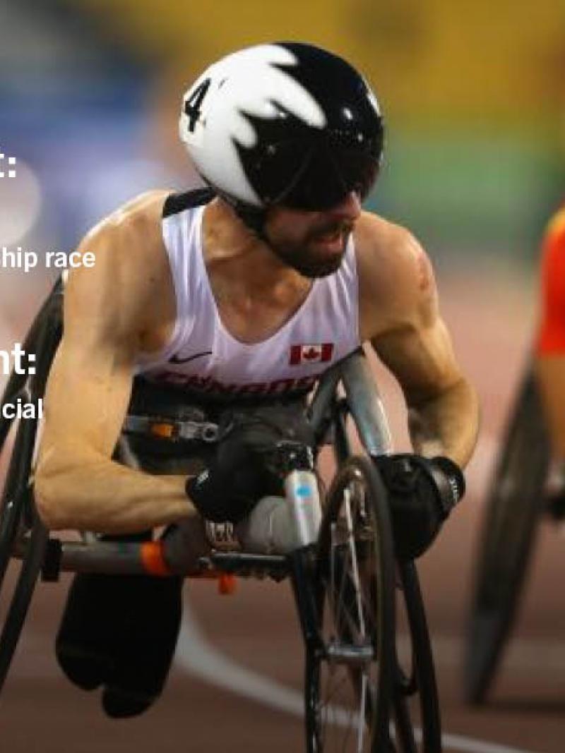 Graphic with a picture of a man in a racing wheelchair wearing a helmet. Text: My best moment: Lyon 2013: Winning my first championship race My worst moment: Being injured during the crucial part of the 2015 season