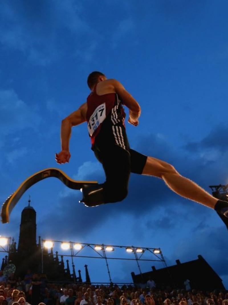 Markus Rehm of Bayer Levekusen competes in the mens long jump finale at Hauptmarkt Nuremberg during day 1 of the German Championships in Athletics on July 24, 2015 in Nuremberg, Germany.