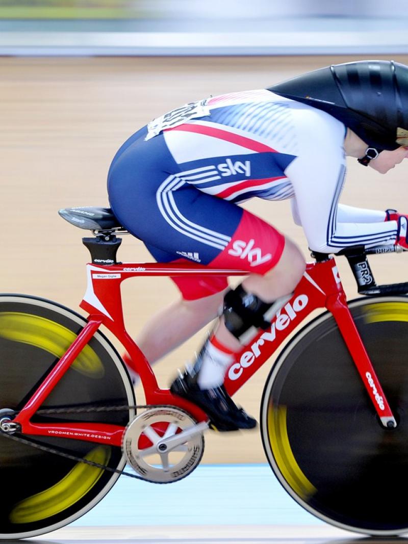 A para-cyclist competes on the track