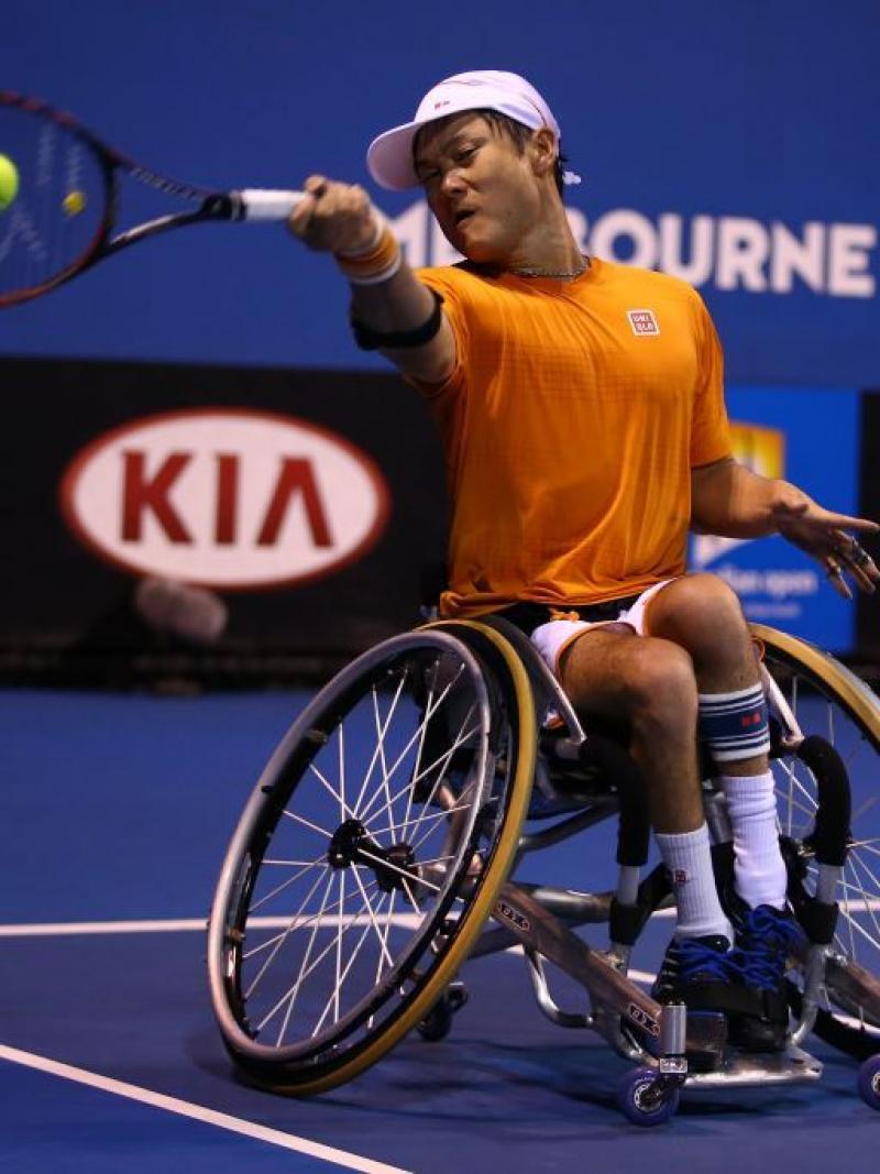 Shingo Kunieda of Japan plays a forehand during the Men's Wheelchair Doubles Final at the Australian Open 2016 Wheelchair Championships.