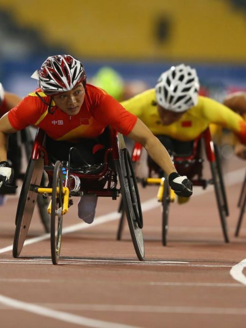 Lihong Zou of China wins the women's 800m T54 final at the 2015 IPC Athletics World Championships in Doha, Qatar.