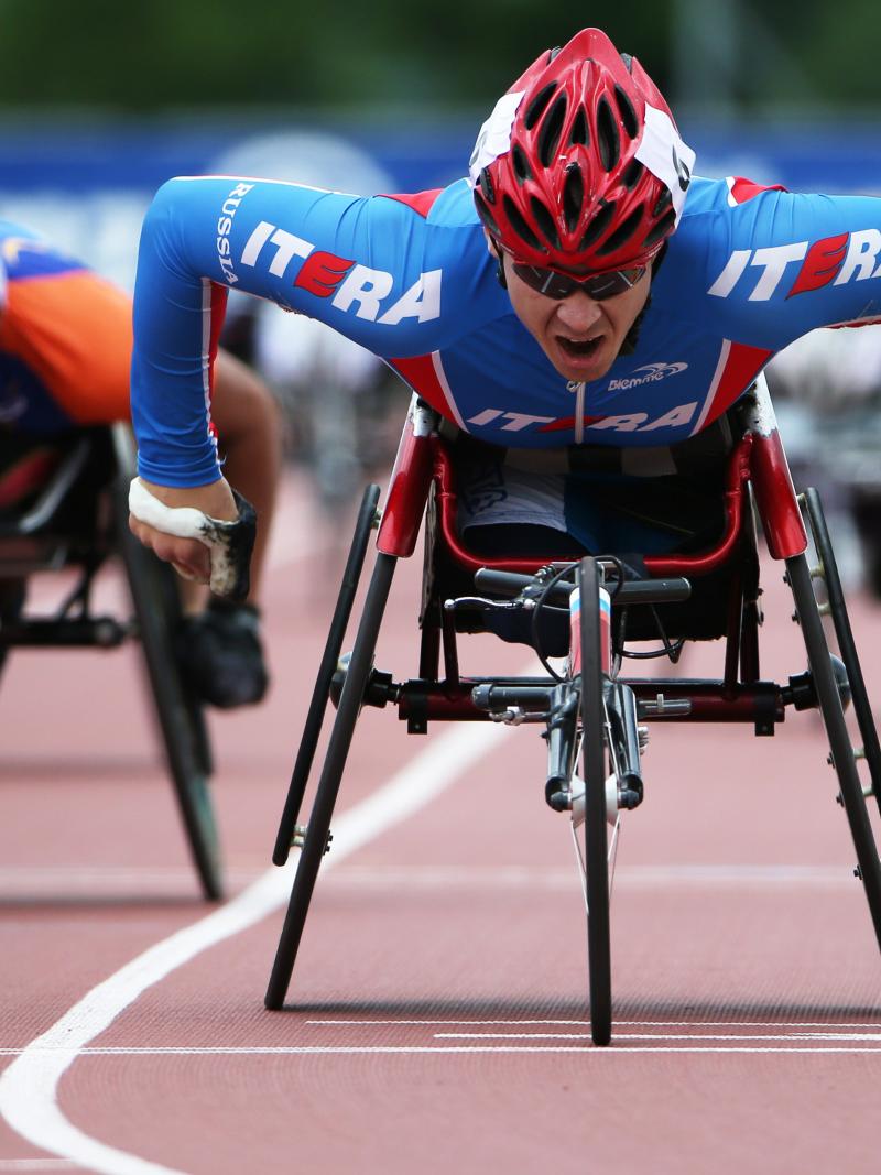 Russia's Alexey Bychenok competes in the 800m T54 race during the 2015 ParAthletics Grand Prix in Nottwil, Switzerland.