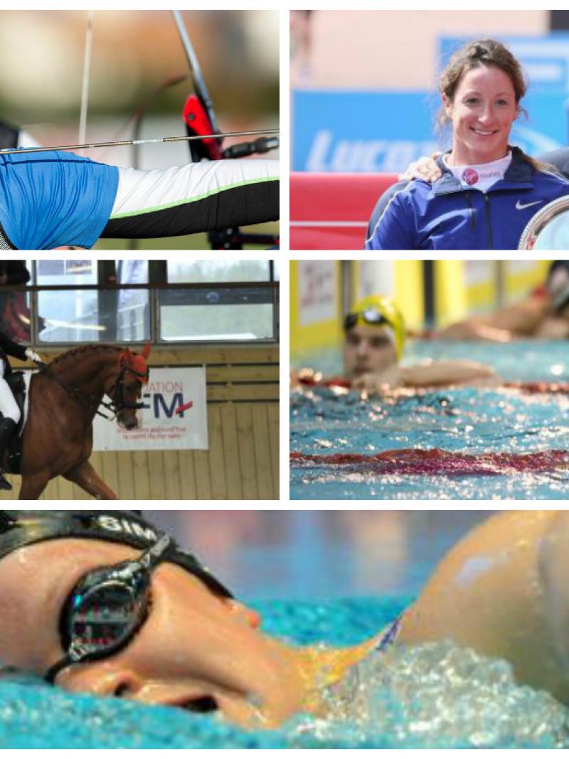 Collage of five images of athletes in action