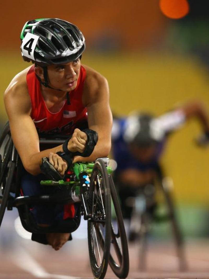 Raymond Martin of the United States competes in the men's 100m T52 heats at the 2015 IPC Athletics World Championships in Doha, Qatar. 