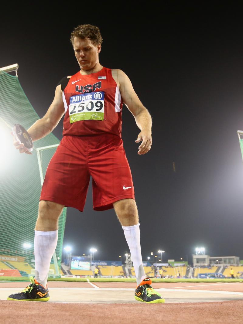 The USA's David Blair in action during the men's discus F44 final at the 2015 IPC Athletics World Championships  in Doha, Qatar.