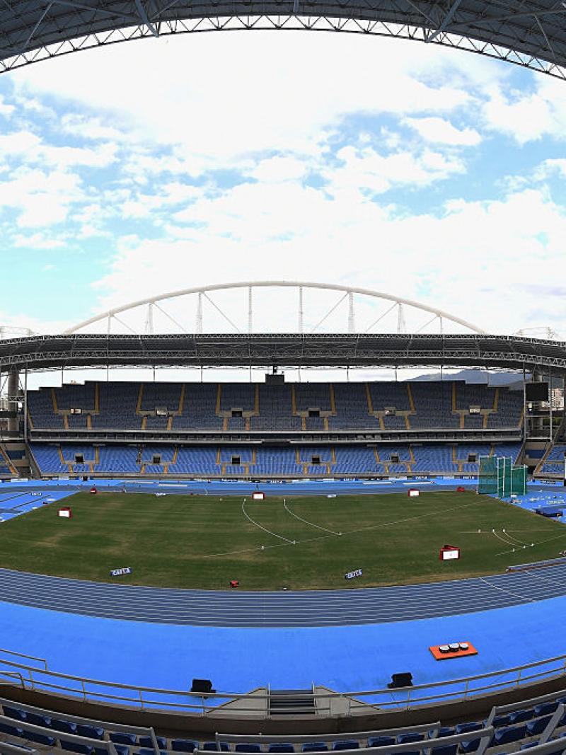 View on an empty stadium with a blue track