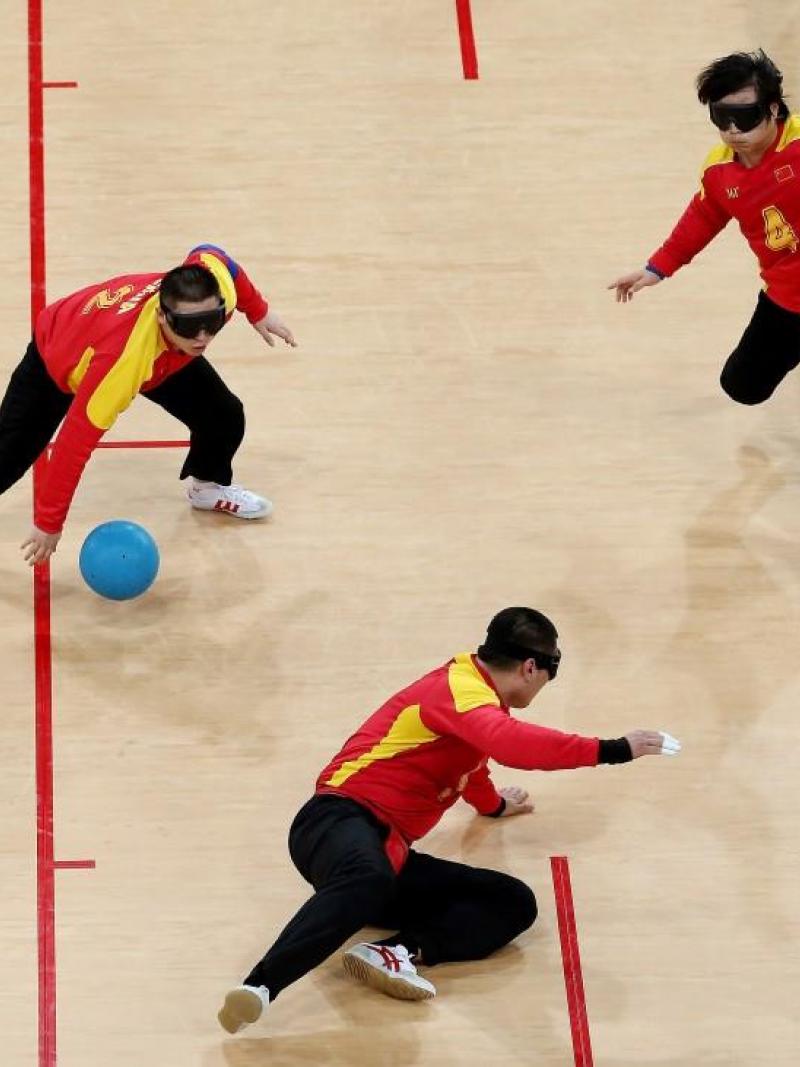 Team China in action during the Men's Group B Goalball match between China and Iran at the London 2012 Paralympic Games.