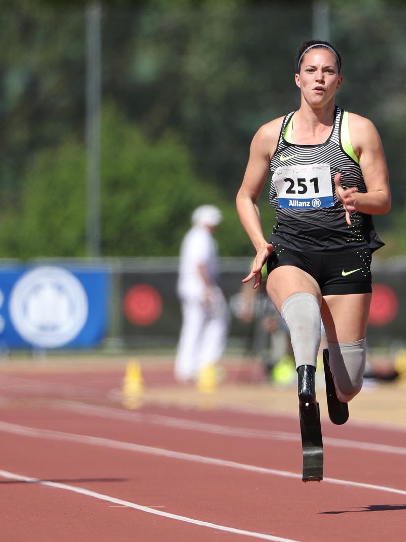 The Netherlands' Marlou van Rhijn on her way to breaking the 100m T43 world record at the 2016 Nottwil Grand Prix.