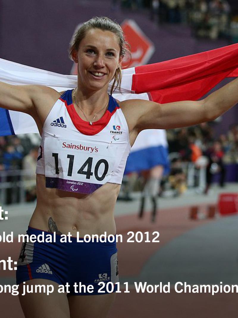 Woman with French flag in stadium. Text: My best moment:Winning the 100m gold medal at London 2012My worst moment:Finishing 9th in the long jump at the 2011 World Championships