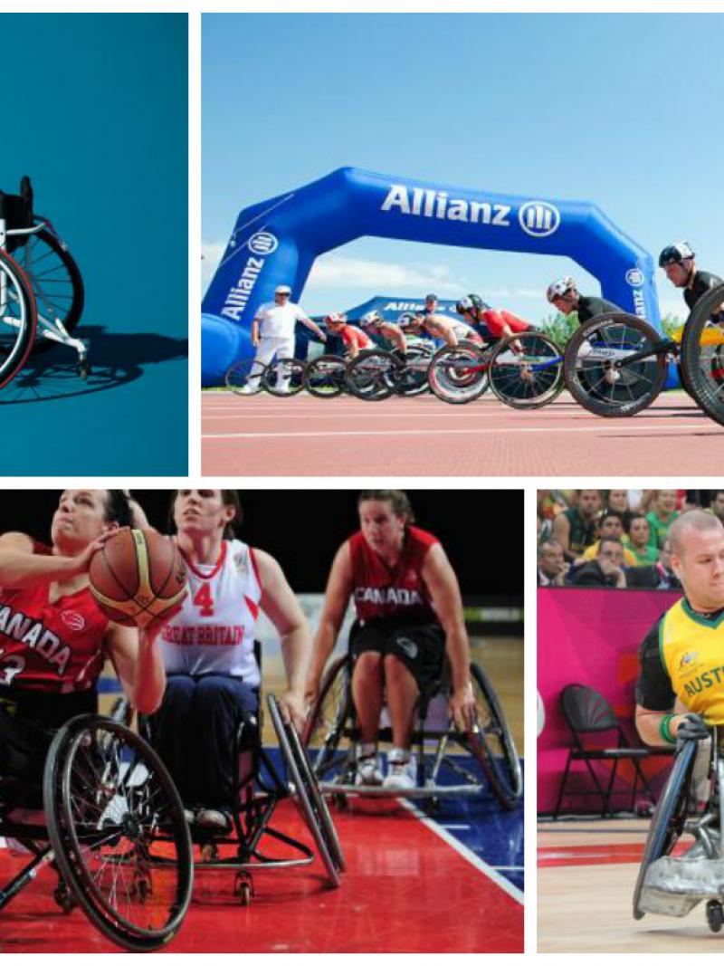 Four photos of four different sport wheelchairs in action (rugby, tennis, athletics, basketball)