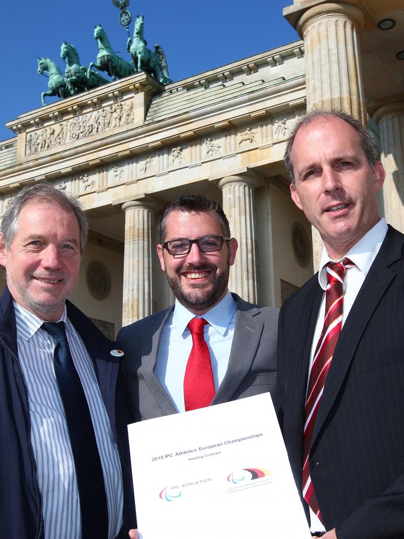 NPC Germany's Dr. Karl Quade with the IPC's Ryan Montgomery and Klaas Brose, Director “Behinderten-und Rehabilitations- Sportverband Berlin, at the announcement of Berlin as host city of the 2018 European Para Athletics Championships.