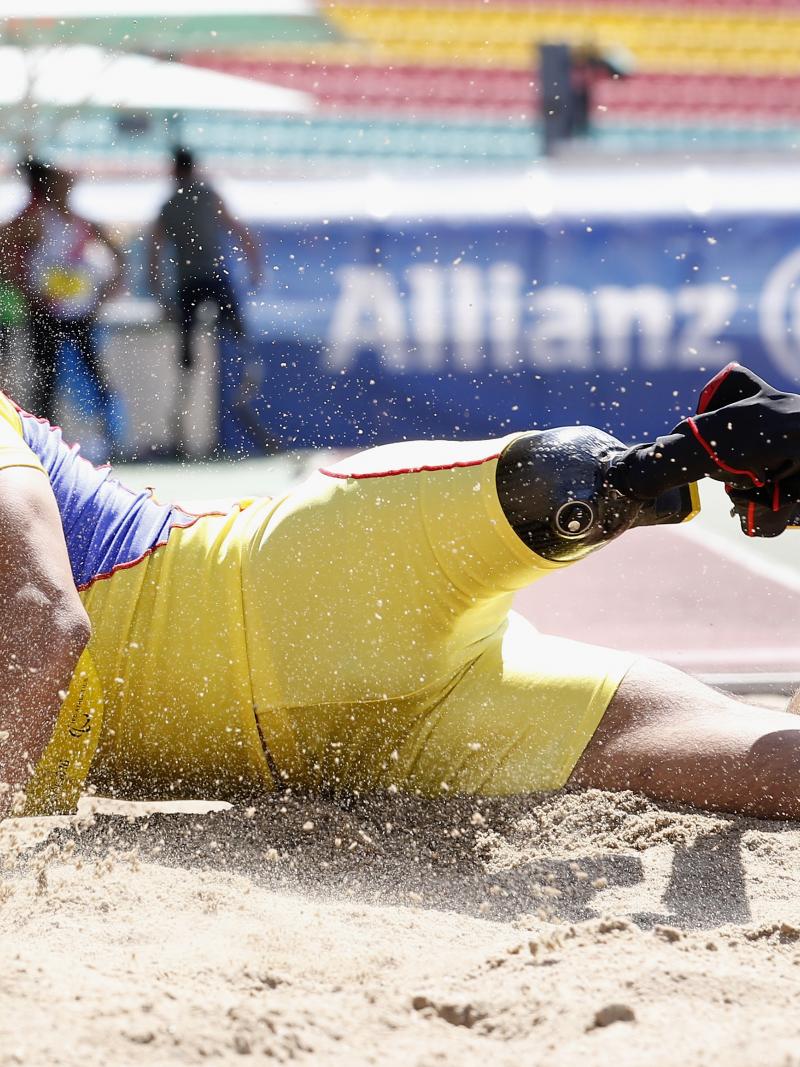 Japan's Atsushi Yamamoto competes in the long jump at the 2016 IPC Athletics Grand Prix in Berlin.