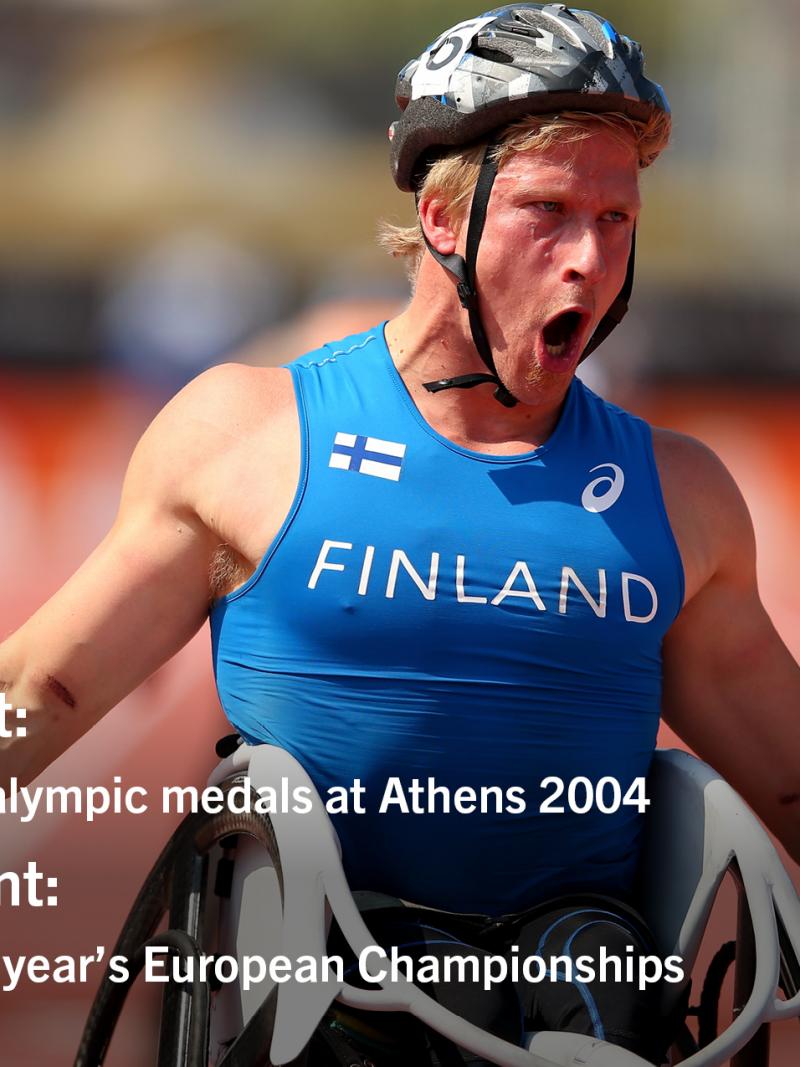 Photo of a wheelchair racer celebrating with text: My best moment: Winning my first Paralympic medals at Athens 2004 My worst moment:My injury before this year’s European Championships
