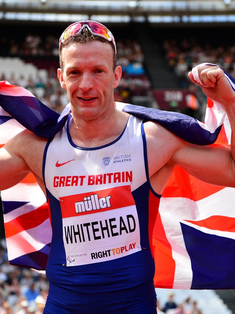 Great Britain's Richard Whitehead celebrates after setting a new world record in the men's 200m T42 at the 2016 IPC Athletics Grand Prix Final at The Stadium - Queen Elizabeth Olympic Park.