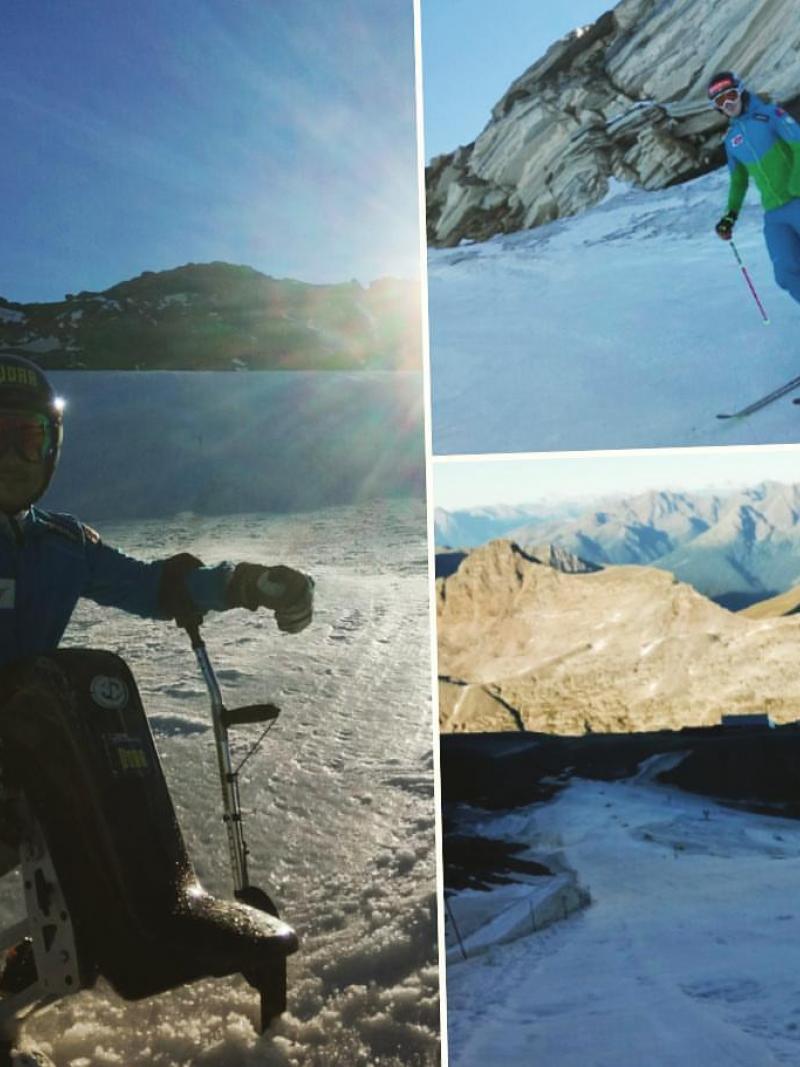 Collage of photos taken on snow, with two skiers (one in sit ski)