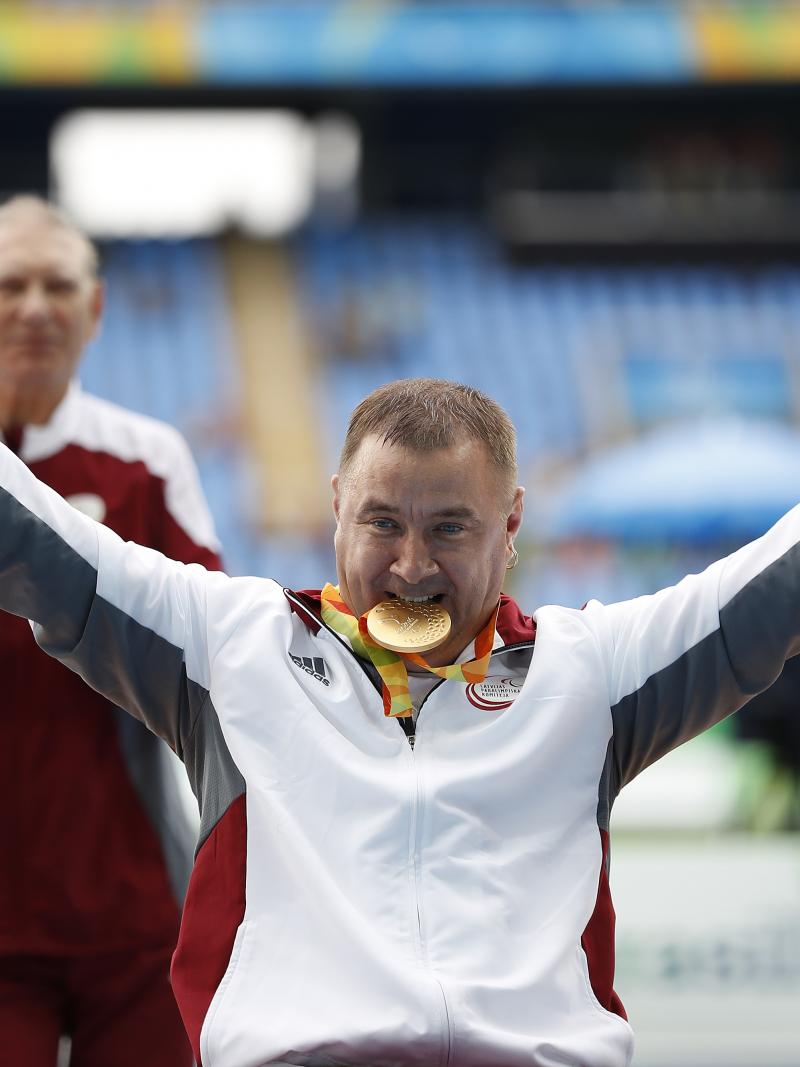 Latvia's Aigars Apinis celebrates Rio 2016 discus F52 gold.
