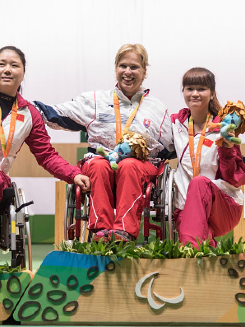 Veronika Vodovicova on the podium at the medal ceremony for the Shooting R2 Women's 10m Air Rifle Standing SH1