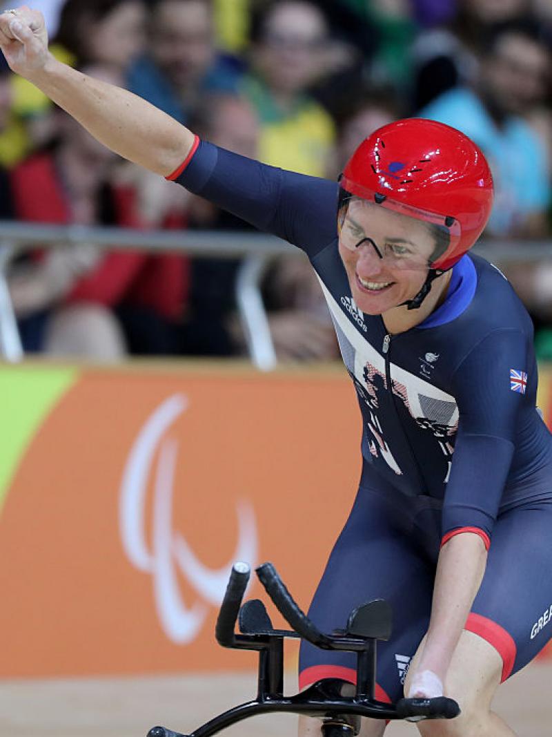 Sarah Storey of Great Britain celebrates after the womens C5 3000m individual pursuit track cycling on day 1 of the Rio 2016 Paralympic Games