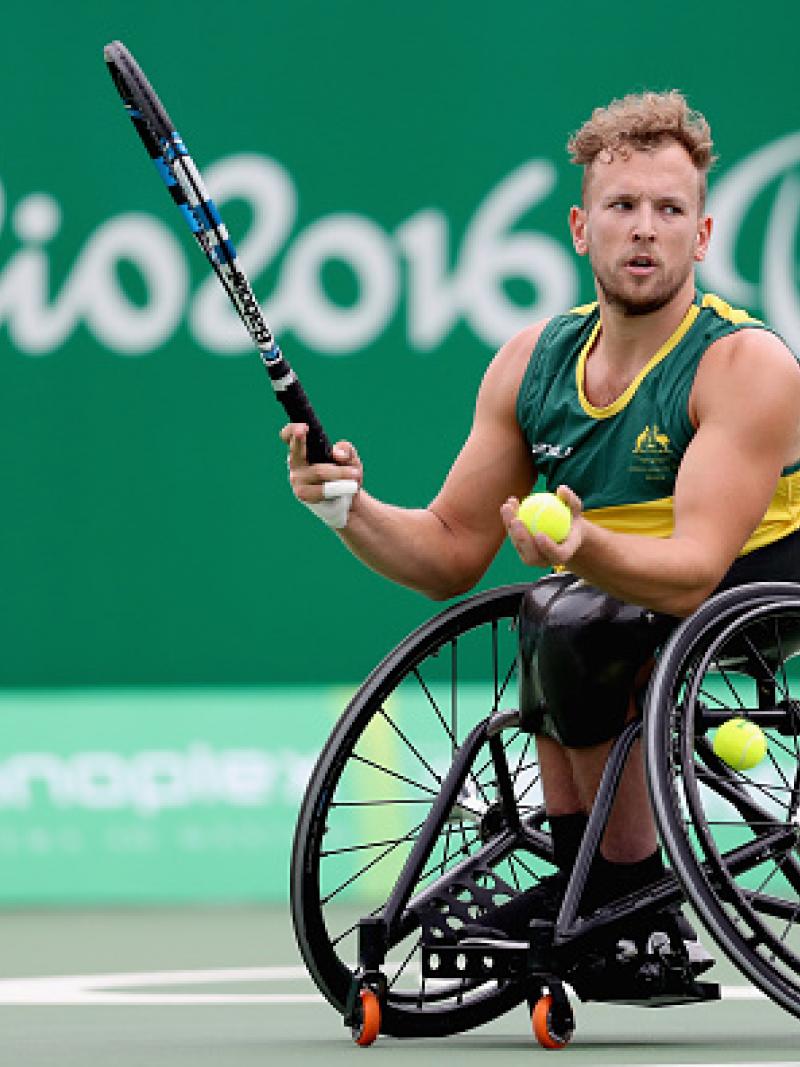 Dylan Alcott of Australia plays Andy Lapthorne in men's quad singles at the Rio 2016 Paralympic Games