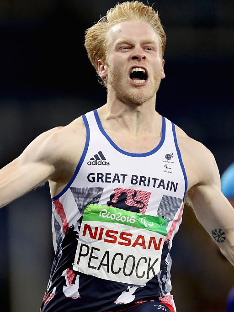 Jonnie Peacock of Great Britain celebrates after winning the men's 100 meter T44