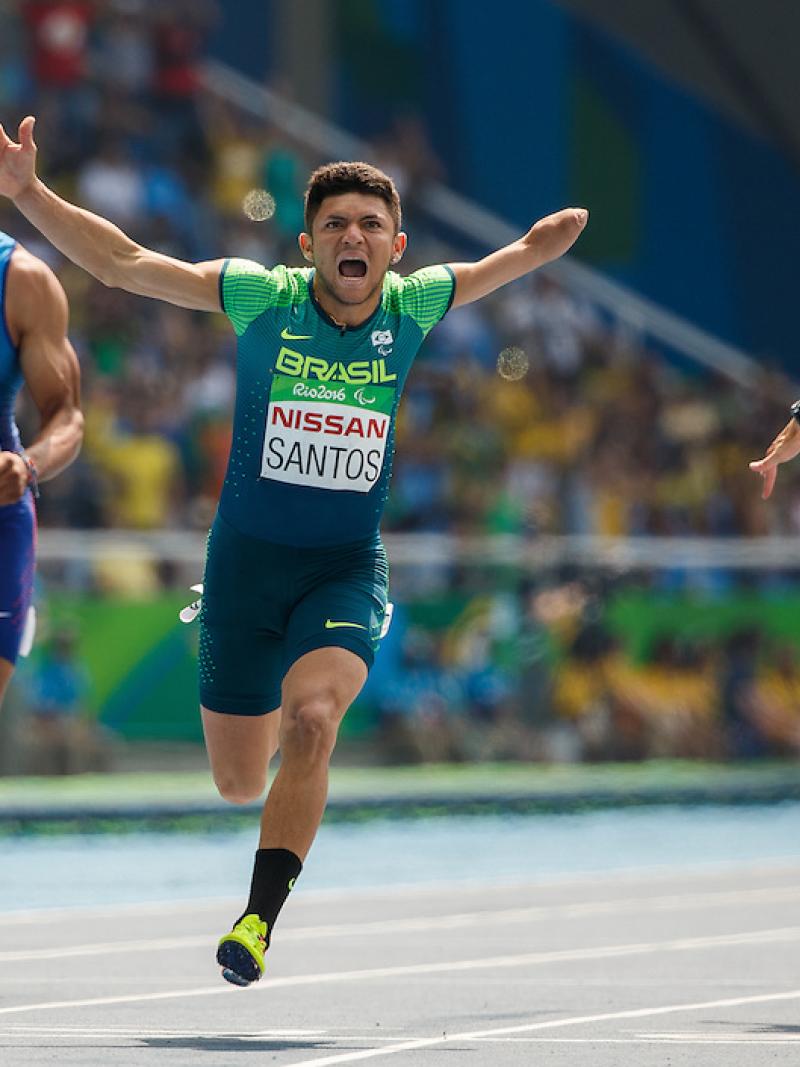 Petrucio Ferreira dos Santos BRA takes the Gold Medal in the Men's 100m.